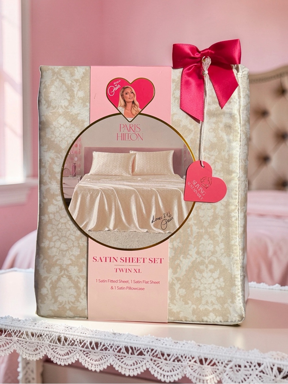 Paris Hilton NWT XL-Twin Satin Victorian Inspired Sheet Set - Champagne Blush